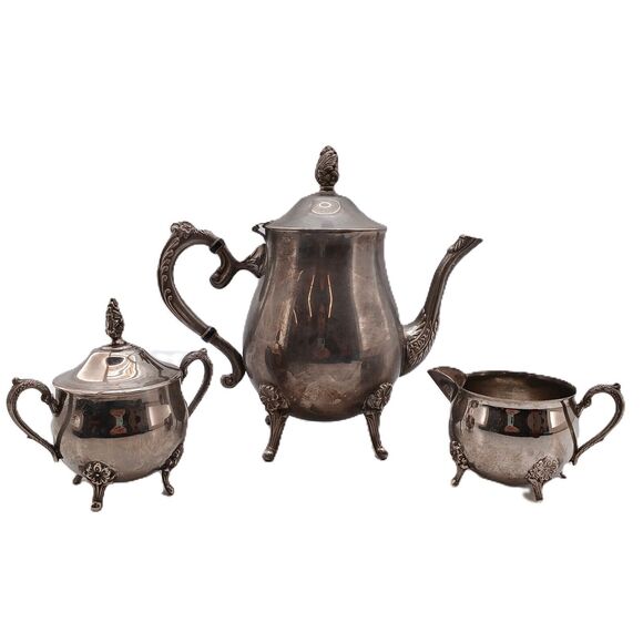 Vintage Silver Plated Footed Tea Pot Creamer Lidded Sugar Bowl Set Ornate Handle - Picture 1 of 16